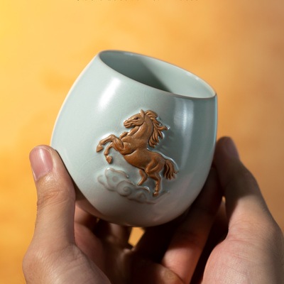 预售东道汝窑马到成功杯汝马杯天青色开片主人杯精品礼盒装