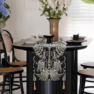 法式中古风桌旗黑色复古高级流苏盖布茶几防滑台布防尘长条桌旗