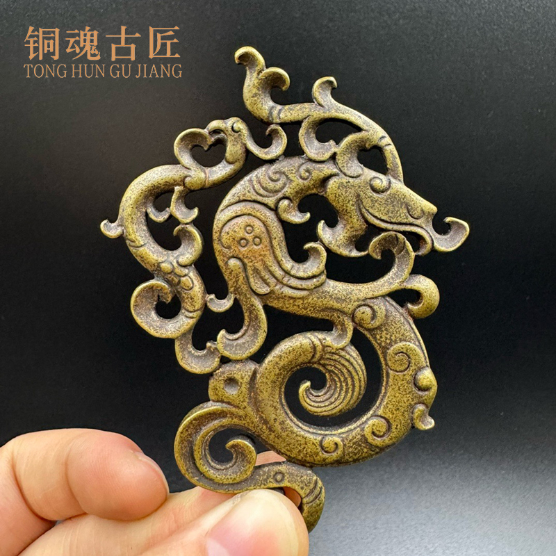 复古铜龙挂件实心微雕黄铜工艺品生肖龙手把件吊坠项链双面牌子