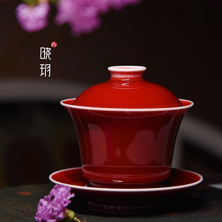 【晓玥】柴窑郎红盖碗景德镇高温颜色釉铜红瓷纯手工盖碗高端收藏