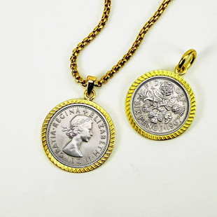 原创英国女王六便士(幸运币)硬币加边框包边吊坠项链复古金银色