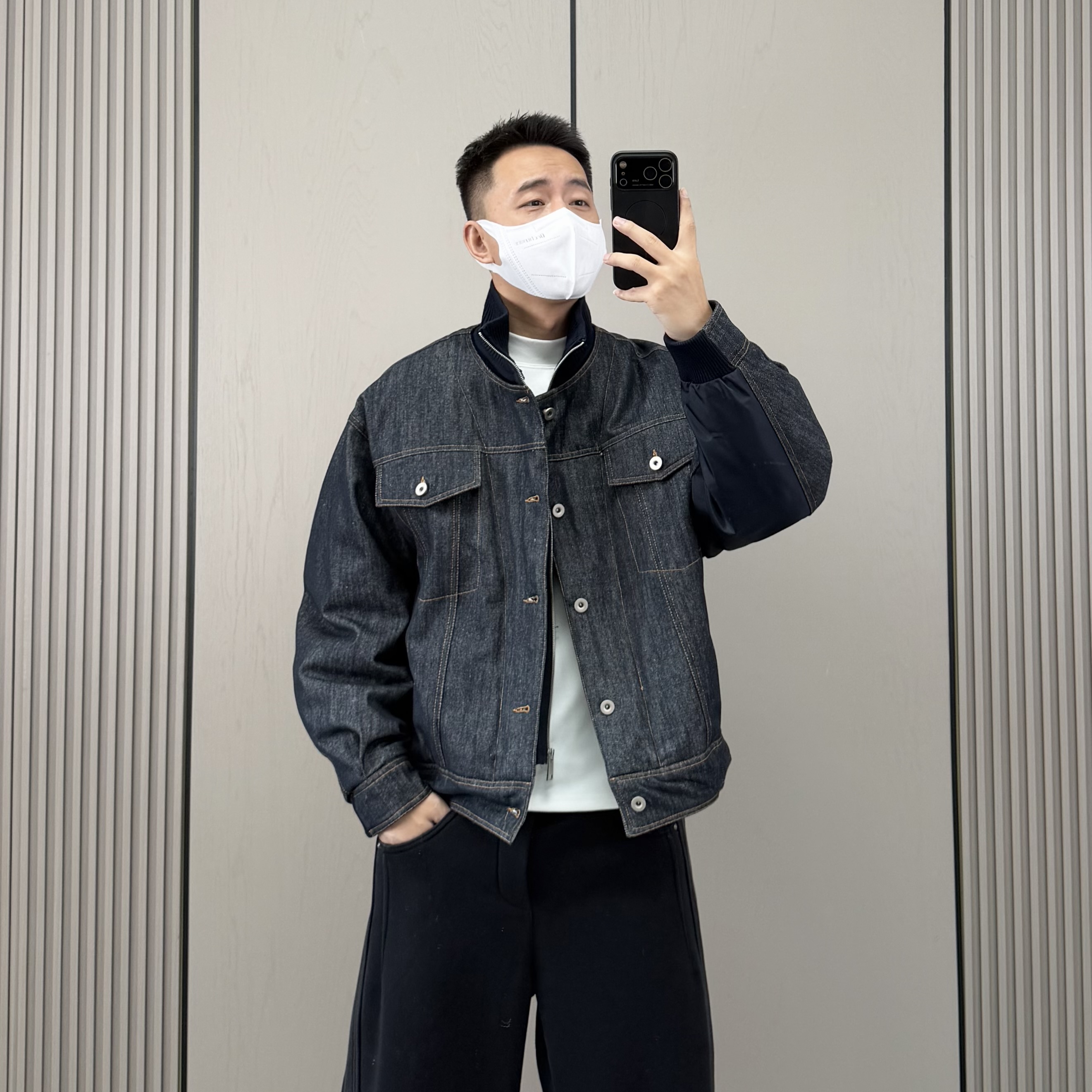 针织拼接假两件立领牛仔羽绒服