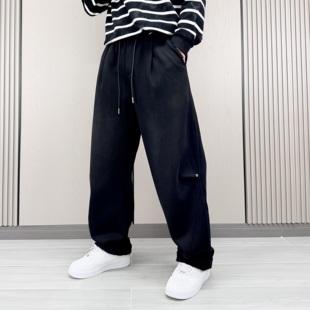 潮流直筒长裤 梅一天纯色百搭弯刀加绒休闲卫裤 时尚 秋冬新款 子 男士