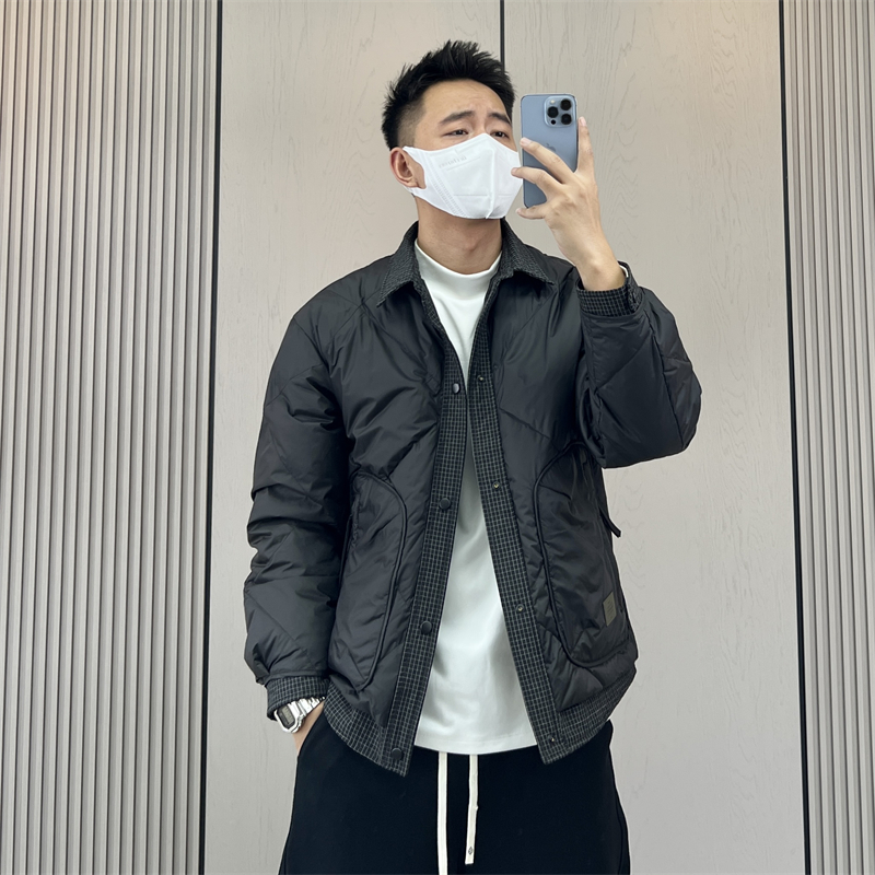 韩版翻领设计感假两件羽绒服外套