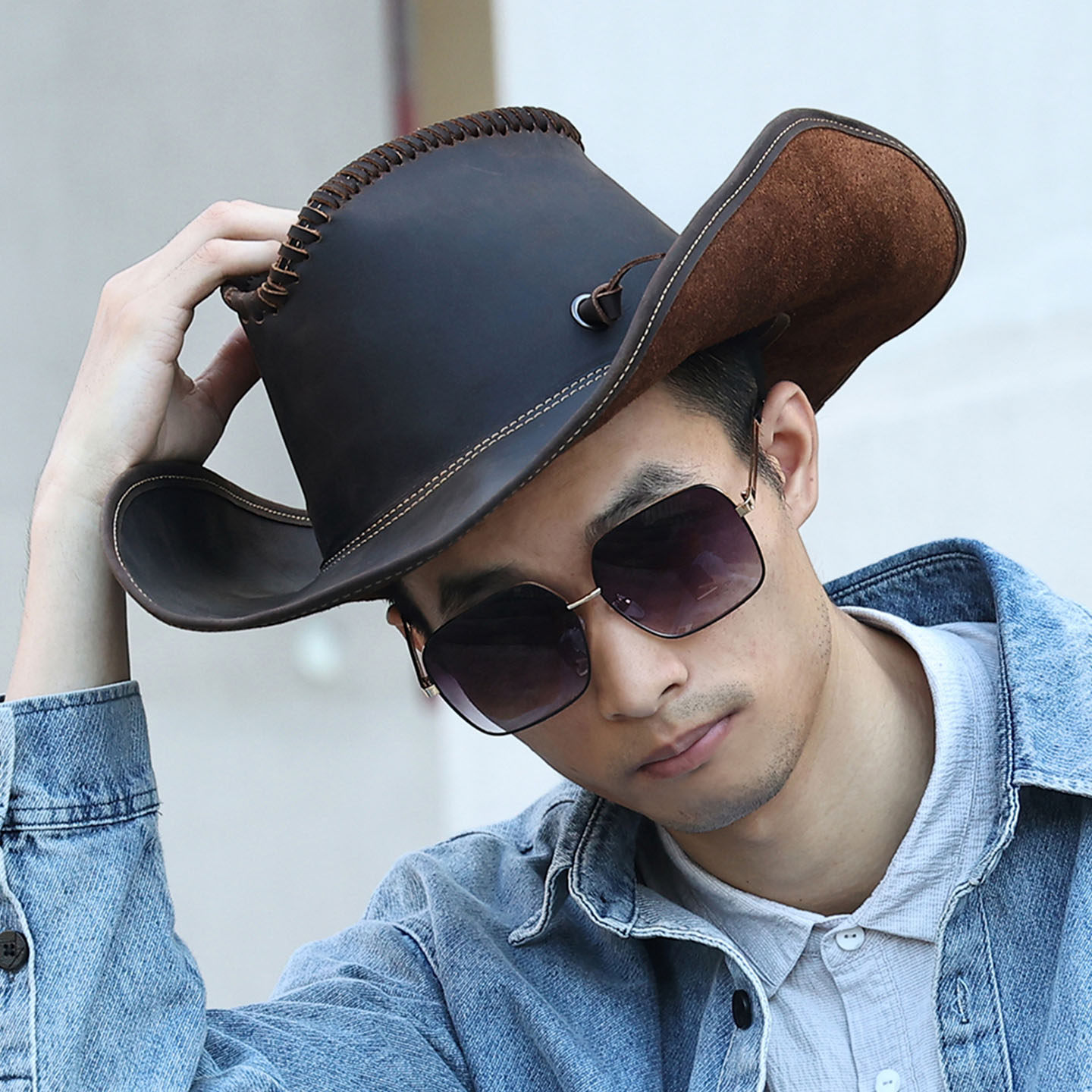 复古真皮骑士帽西部牛仔帽遮阳帽