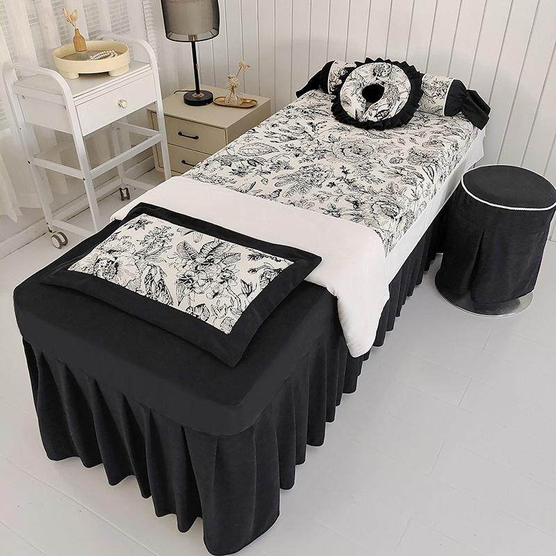 法式黑色小香风美容床罩四件套褶皱款奢华美容院按摩理疗冬季加厚