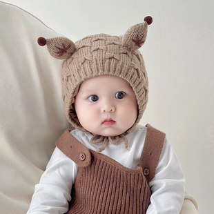 宝宝帽子冬季针织帽超萌耳朵系绳包耳帽婴儿秋冬保暖毛线帽护耳帽