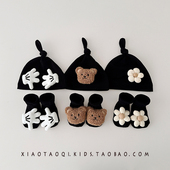 超萌婴儿帽子袜子两件套男女宝宝胎帽新生儿啾啾帽套装 护囟门黑色