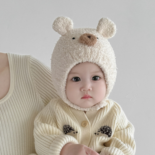 婴儿帽子秋冬季保暖毛线针织护耳套头帽男女宝宝包耳毛绒帽冬天