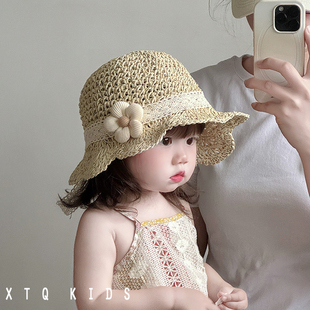 宝宝渔夫草帽可爱超萌小花朵婴幼儿遮阳帽女童手工编织防晒盆帽潮