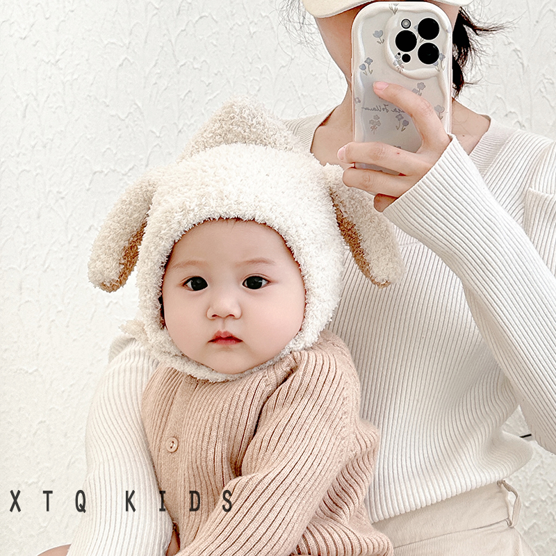 婴儿毛线针织护耳套头帽可爱超萌