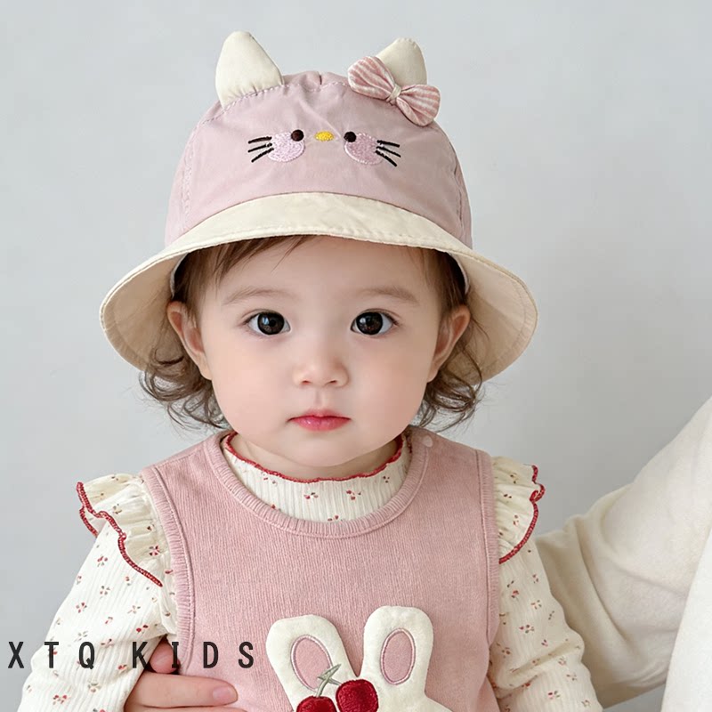 宝宝渔夫帽子春秋薄款可爱超萌猫咪婴幼儿盆帽夏季速干遮阳帽百搭