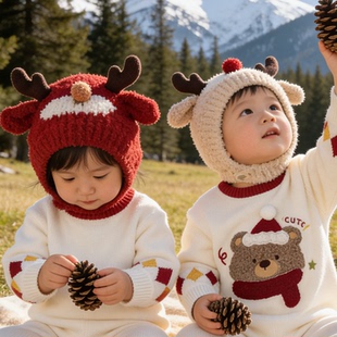 宝宝帽子红色麋鹿超萌护耳包脸帽可爱男女童小月龄婴儿秋冬毛绒帽