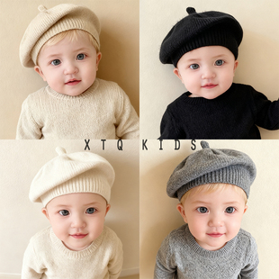 宝宝贝雷帽秋冬婴儿毛线帽洋气百搭纯色男女儿童小月龄针织画家帽