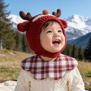 红色圣诞新年婴儿帽子可爱超萌麋鹿包耳帽男女宝宝儿童保暖毛绒帽