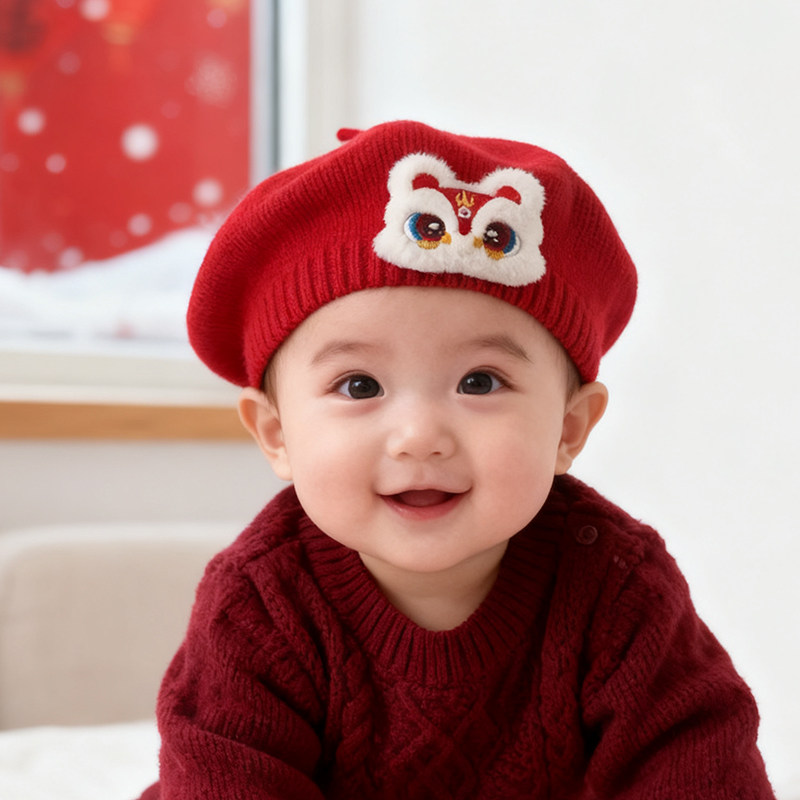 宝宝毛线针织贝雷帽红色2026新款男女婴幼儿童蓓蕾帽醒狮帽秋冬季,童装/婴儿装/亲子装,帽子,淘宝优惠券,粉丝福利购,淘宝优惠卷