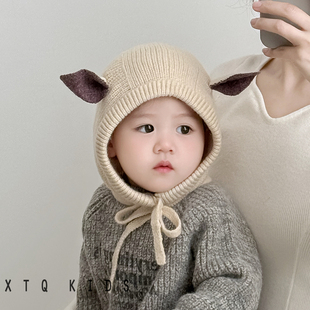 宝宝护耳帽子秋冬季婴幼儿童毛线针织帽冬天保暖防风套头帽包耳朵