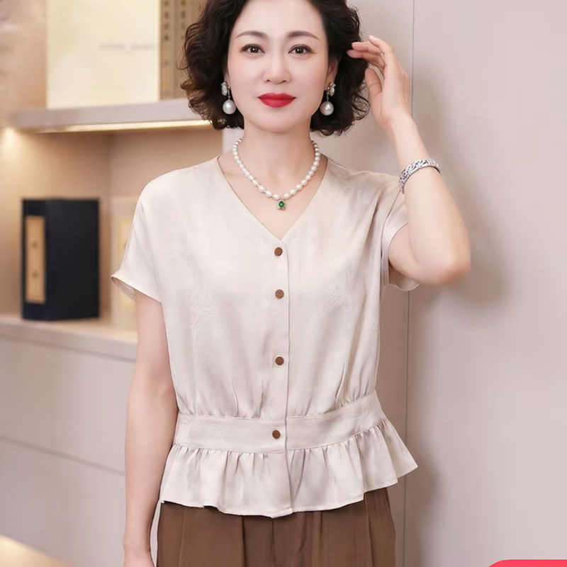 夏季V领短袖荷叶边显瘦女衬衫