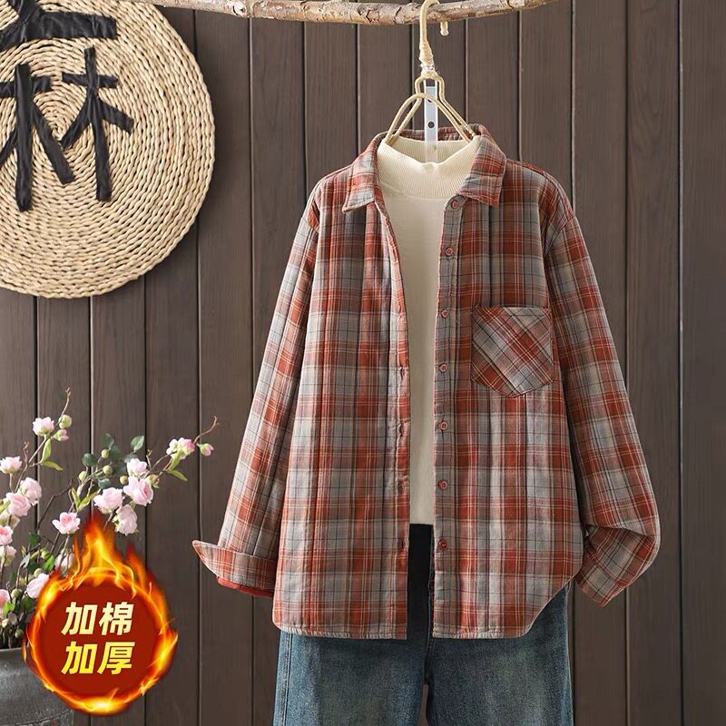 秋冬款长袖夹棉加厚格子衬衫女宽松显瘦复古休闲文艺双层棉衣外套