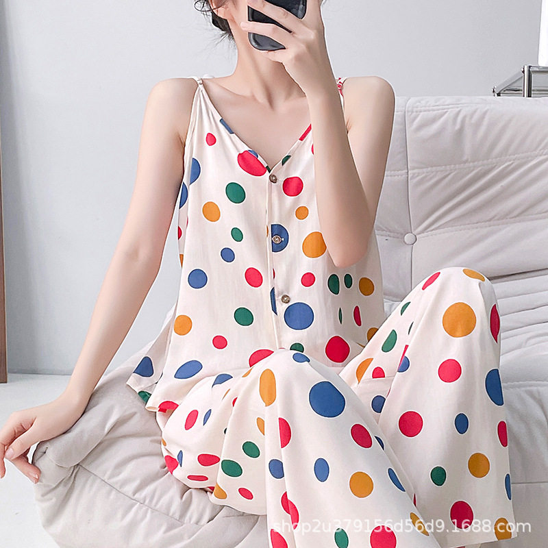 新款开衫吊带睡衣女夏季无袖长裤棉绸睡衣两件套装水墨风家居服