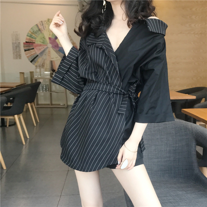Hit color stripe Mosaic shirt 2019 spring clothes Korean Fan sexy strapless Irregular Frenum Waist temperament jacketin the Women's clothing/Boutique , Shirt  category - from Buy2taobao.com to provide professional Taobao agent buy service