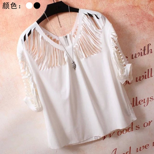 2016夏装新款 韩国性感破洞镂空露肩弹力宽松纯色短袖T恤百搭上衣