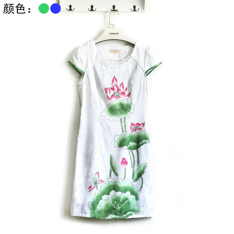 品牌撤柜系列荷花锦缎改良式旗袍