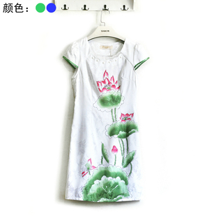 专柜品牌撤柜永系列2018夏装中国风荷花锦缎提花改良式旗袍连衣裙