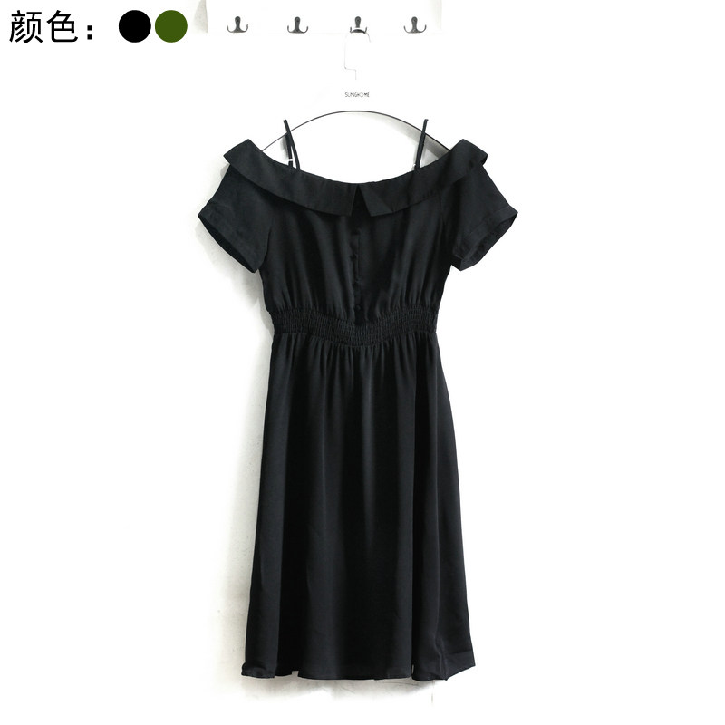 专柜品牌撤柜永系列2018夏装气质露肩一字领修身中长款雪纺连衣裙