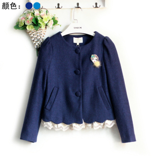 国内撤柜 甜美刺绣波浪边圆领百搭显瘦羊毛呢大衣短外套 靓K冬装