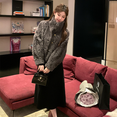 2025冬季立领环保小湖羊皮毛一体女短款小个子仿皮草外套毛毛上衣