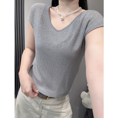 高级感V领冰丝针织衫短袖女