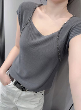 夏天性感方领冰丝针织衫短袖女
