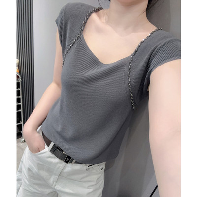 夏天性感方领冰丝针织衫短袖女