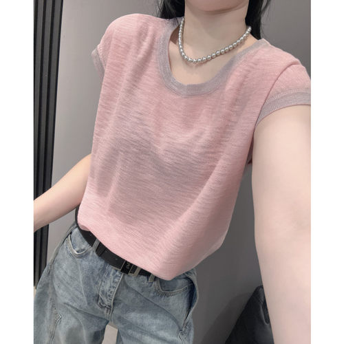 设计感撞色冰丝针织衫短袖女