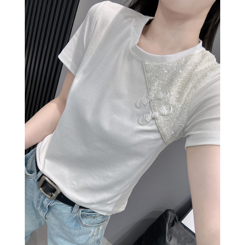 设计感拼接亮片短袖t恤女图片