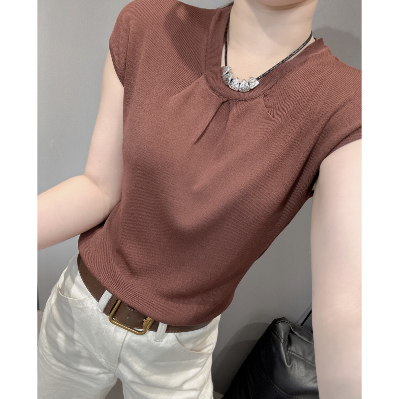 简约纯色冰丝短袖针织衫女