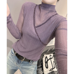 秋冬新款半高领网纱长袖T恤女欧洲站钉珠修身内搭打底衫亮丝上衣