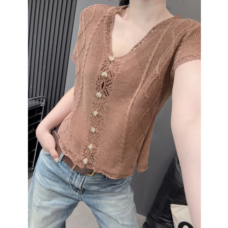 麻花毛衣短袖女冰丝针织衫叠穿罩衫洋气百搭宽松开衫V领上衣欧货v