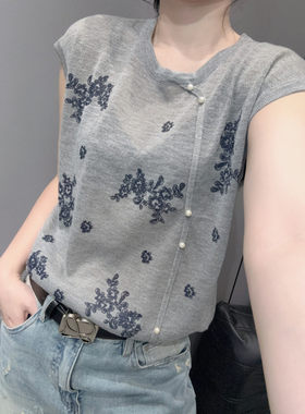 洋气印花短袖女冰丝针织衫宽松
