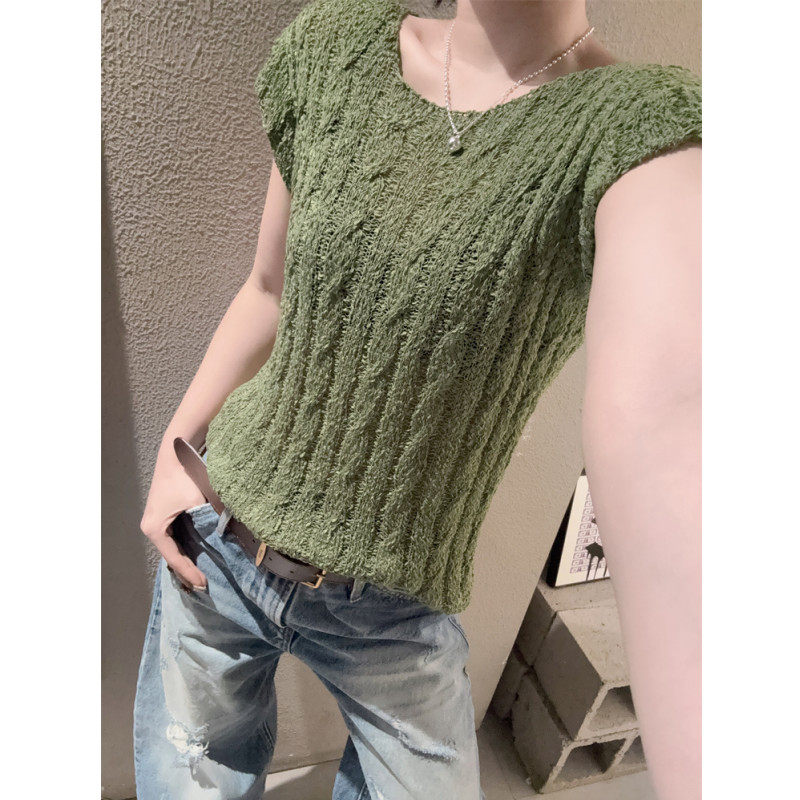 麻花毛衣女短袖针织衫小飞袖洋气修身大圆领露锁骨上衣性感微透夏