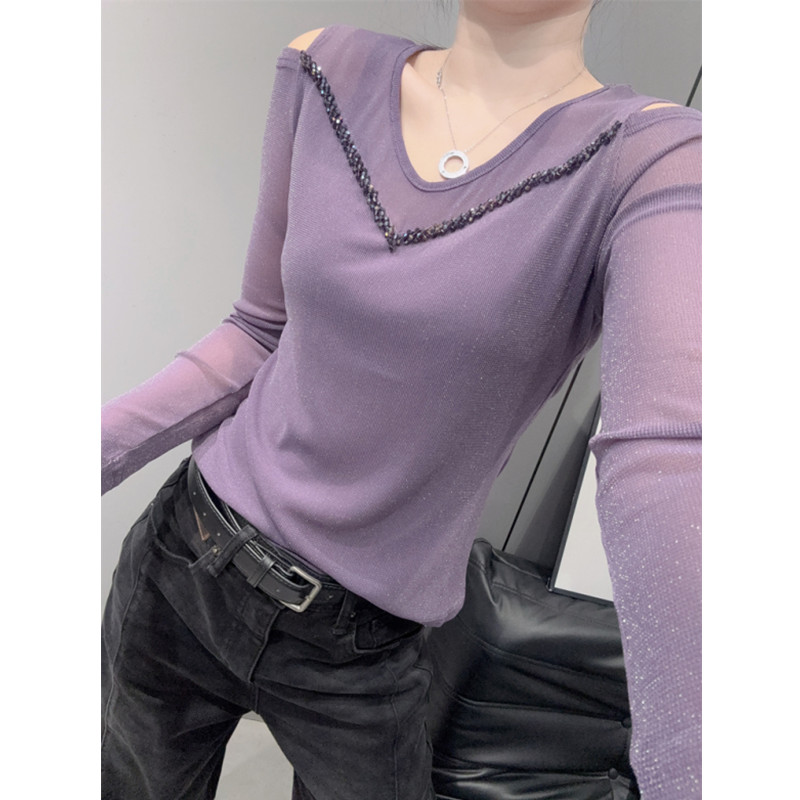 亮丝网纱T恤女长袖打底衫