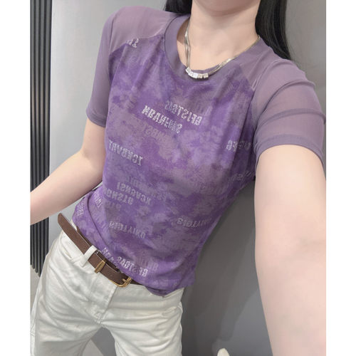 网纱拼接印花短袖T恤女欧货洋气