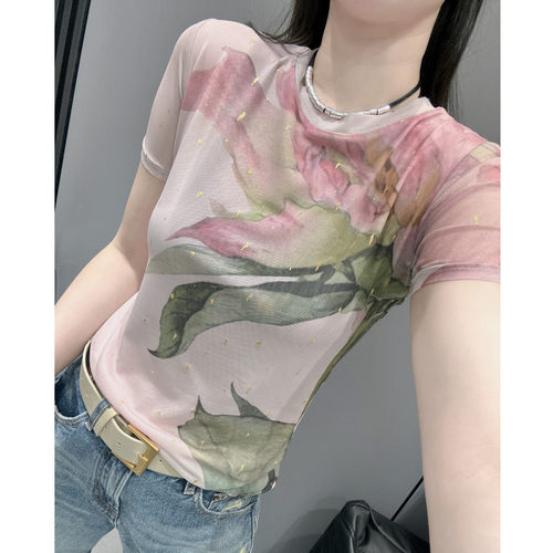 欧货印花蕾丝短袖T恤女