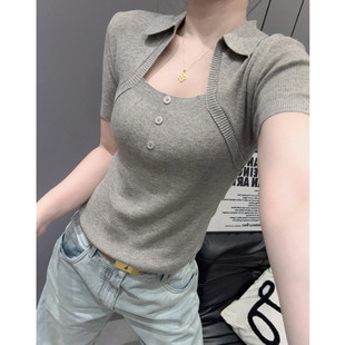 方领短袖女冰丝针织衫高级感洋气百搭紧身POLO衫翻领不规则上衣夏