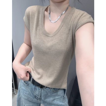 冰丝针织衫短袖女夏天新款欧货洋气简约百搭修身显瘦纯色上衣小衫
