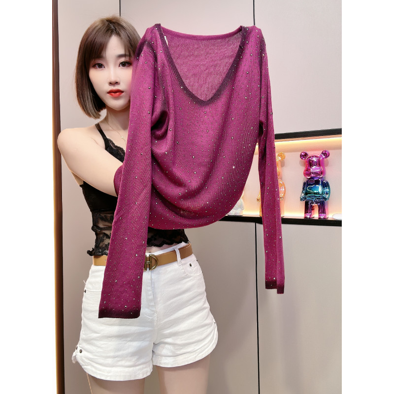 烫钻V领长袖针织衫女针织衫