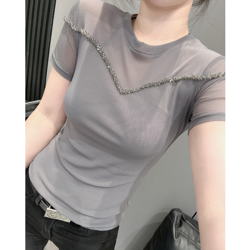 夏季新款时尚钉珠短袖T恤女欧洲站拼接网纱弹力紧身性感微透上衣