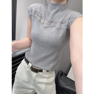 半高领打底衫 女气质百搭修身 性感镂空上衣秋冬 短袖 蕾丝拼接针织衫