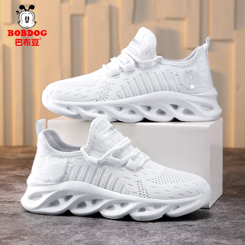 巴布豆童鞋男童鞋子春秋款网面透气一脚蹬白色运动鞋中大童跑步鞋